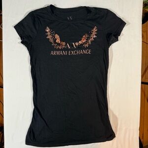 Armani Exchange Black Tee with Gold Wing Accents